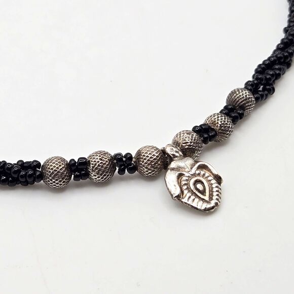 Handmade‎ Triple Strand Black Seed Beads Silver Tribal Heart and Textured Beads - Picture 3 of 4